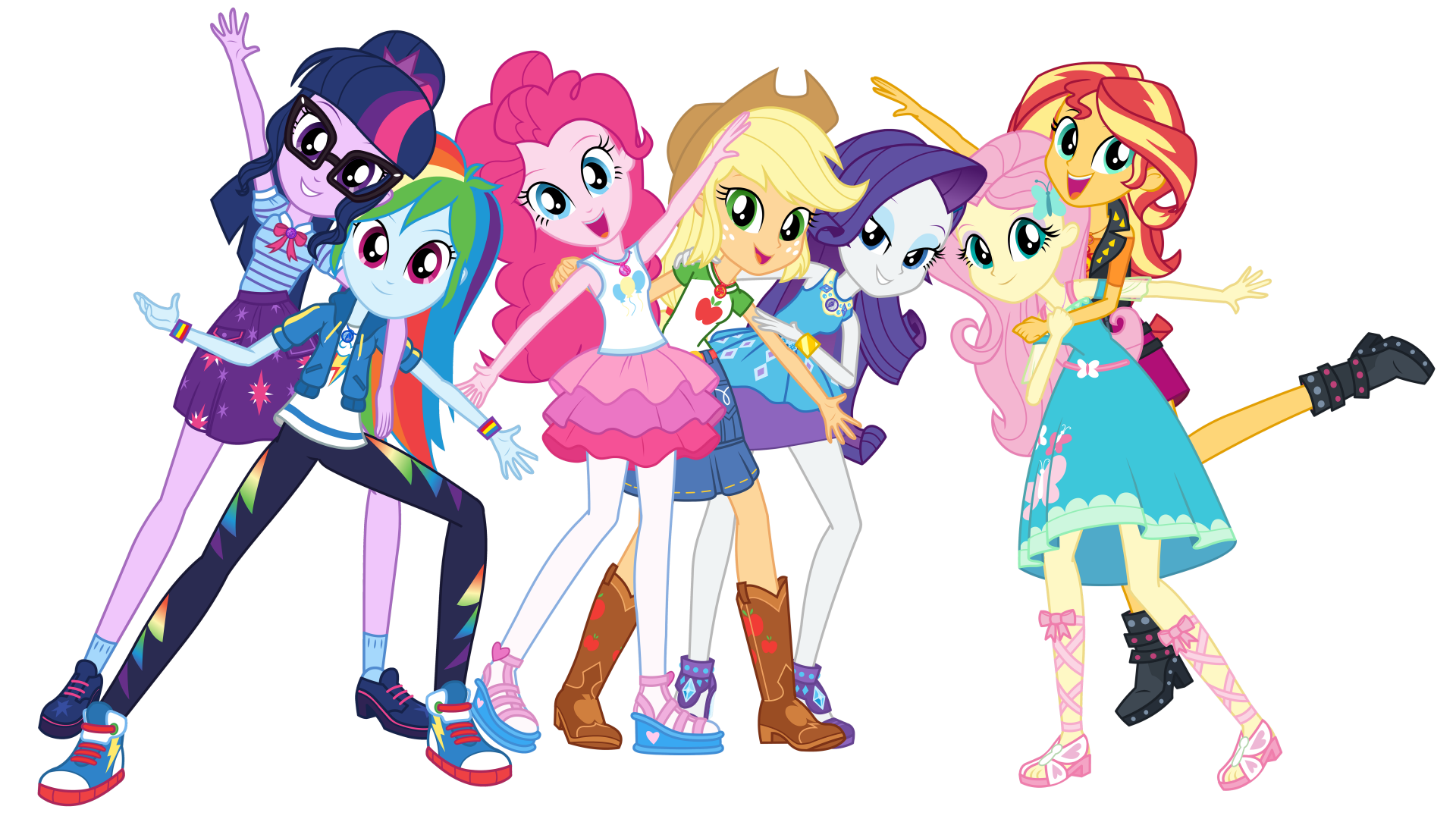 8K Ultra HD desktop wallpaper featuring Fluttershy, Rainbow Dash, Applejack, Pinkie Pie, Rarity, Sunset Shimmer, and Sci-Twi from My Little Pony: Equestria Girls TV show.
