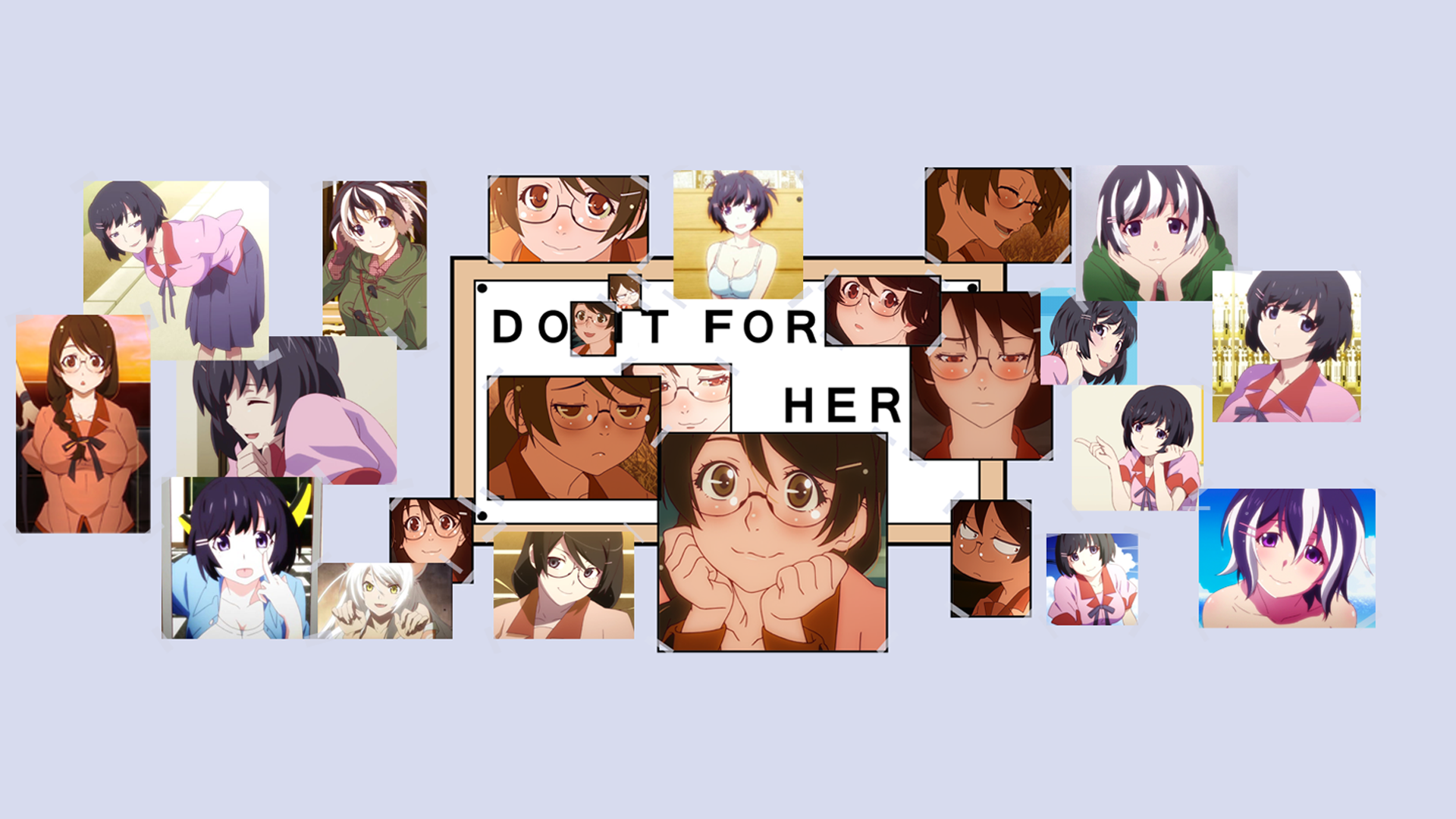 HD PC desktop wallpaper featuring Tsubasa Hanekawa from the Monogatari series in various expressive anime-style scenes.