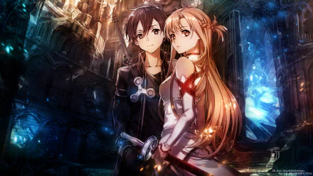HD PC desktop wallpaper featuring Asuna Yuuki and Kirito from the anime Sword Art Online, showcasing the iconic duo in a detailed fantasy setting.