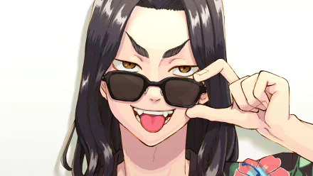 HD PC wallpaper of Keisuke Baji from Tokyo Revengers: close-up anime portrait with long black hair, lowered sunglasses and a mischievous grin, tongue playfully out.