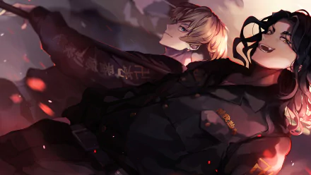 Anime-style 4K Ultra HD desktop wallpaper featuring Chifuyu Matsuno and Keisuke Baji from Tokyo Revengers in dynamic poses with dark, fiery background tones.