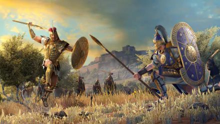 HD desktop wallpaper depicting warriors from A Total War Saga: TROY preparing for battle with ancient Troy in the background.