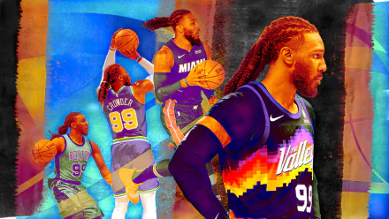 HD desktop wallpaper featuring a collage of basketball player action shots with vibrant artistic backdrop.