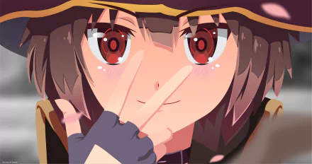 Megumin (KonoSuba) close-up with red eyes and wizard hat, making a V-sign — vibrant anime 4K Ultra HD PC desktop wallpaper/background from KonoSuba - God’s blessing on this wonderful world!!