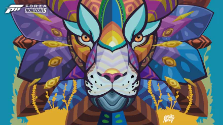 A vibrant Forza Horizon 5 themed HD wallpaper featuring a stylized, colorful lion illustration.