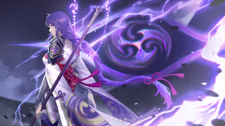 Baal Raiden Shogun from Genshin Impact stands poised amid swirling purple lightning in this 4K Ultra HD PC desktop wallpaper and background.
