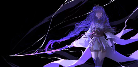 HD desktop wallpaper of Baal Raiden Shogun from the video game Genshin Impact, featuring an electric-themed, dark background.
