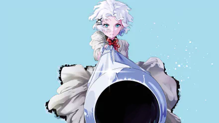 HD PC desktop wallpaper featuring Siesta from the anime The Detective Is Already Dead, with a close-up perspective of her pointed gun against a light blue background.