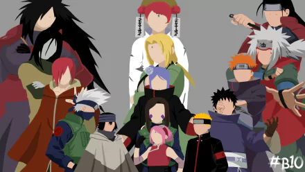 HD PC desktop wallpaper featuring minimalist anime-style silhouettes of Naruto characters in bold colors and dynamic poses.