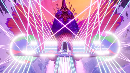 HD desktop wallpaper featuring a vibrant scene from The Artful Escape with colorful laser lights and fantastical architecture.