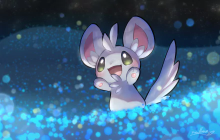 HD anime-style wallpaper featuring the cute Pokémon Minccino surrounded by glowing blue sparkles in a charming, vibrant scene.