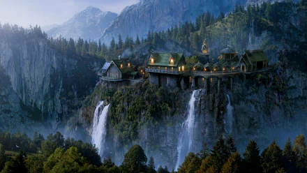 Night view of Rivendell from The Lord of the Rings movie, showcased in stunning 4K Ultra HD as a PC desktop wallpaper and background.
