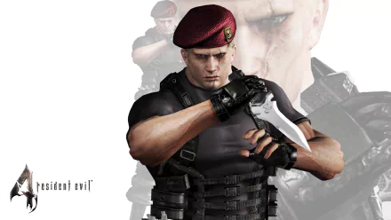 HD PC desktop wallpaper featuring Jack Krauser from Resident Evil 4 gripping a knife, set against a faint background of his image and the Resident Evil logo.