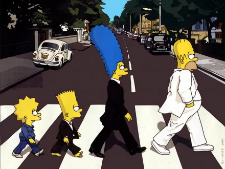 The Simpsons characters Marge, Homer, Bart, and Lisa, barefoot and walking across a crosswalk in a scene inspired by The Beatles' Abbey Road album cover. HD desktop wallpaper and background.