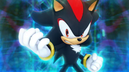 HD PC desktop wallpaper featuring Shadow the Hedgehog from the video game Sonic Forces with a glowing, dynamic blue and purple energy background.