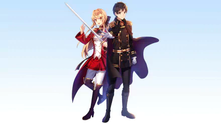 Anime-style 8K Ultra HD wallpaper featuring Souma Kazuya and Liscia Elfrieden from How a Realist Hero Rebuilt the Kingdom, standing confidently against a light background.