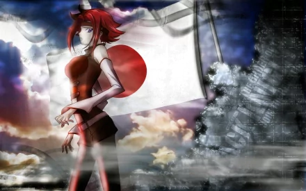 HD PC wallpaper of Kallen Kōzuki from Code Geass, anime-style, standing before a waving Japanese flag against a dramatic cloudy sky.