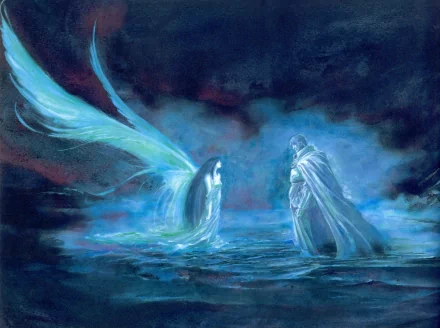 An ethereal scene featuring an angelic figure with flowing wings and a cloaked figure, surrounded by a mystical blue haze, designed as an HD anime desktop wallpaper.