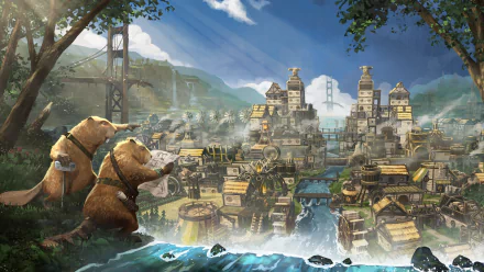 HD desktop wallpaper featuring Timberborn game art with beavers and a water-powered city.