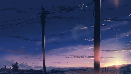 HD anime desktop wallpaper depicting a vivid sunset sky with deep blues and warm orange hues, featuring silhouetted utility poles against the glowing horizon.