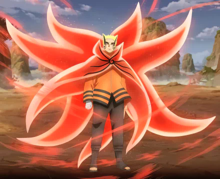 HD PC desktop wallpaper featuring Naruto Uzumaki in Baryon Mode from the anime Boruto, standing confidently with glowing chakra tails against a rocky landscape backdrop.