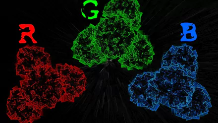 HD desktop wallpaper featuring abstract shapes in RGB colors—red, green, and blue—on a black background for a visually striking design.