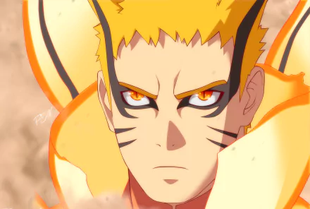 Baryon Mode Naruto Uzumaki from Boruto, intense glowing eyes and fox cloak, fierce anime portrait — 2K Quad HD PC desktop wallpaper and background.
