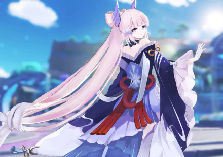 HD PC desktop wallpaper featuring Sangonomiya Kokomi from the video game Genshin Impact, showcasing her detailed outfit and serene background.