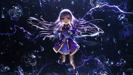 Keqing (Genshin Impact) floats amid purple lightning and rippling water orbs — 4K Ultra HD PC desktop wallpaper/background; video game artwork.
