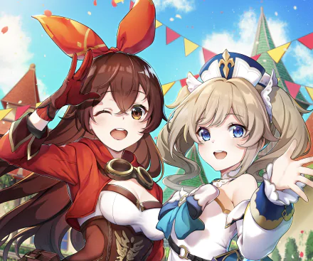 HD PC desktop wallpaper featuring Barbara and Amber from the video game Genshin Impact, showcasing vibrant colors and dynamic character poses.