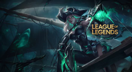 2K Quad HD PC desktop wallpaper: Miss Fortune (League of Legends video game) in teal-glowing pirate armor, brandishing guns aboard a stormy ship with the game logo.