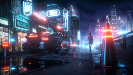A 4K Ultra HD anime night scene with a glowing car and a boy walking through a neon-lit city street, blending futuristic and cyberpunk aesthetics.