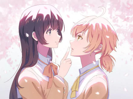 HD PC wallpaper: anime characters Touko Nanami and Yuu Koito from Bloom Into You — two schoolgirls in uniform face each other amid falling cherry blossoms.