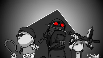 HD desktop wallpaper featuring characters from MADNESS: Project Nexus, showcasing stylized figures with red glowing eyes and weaponry on a grayscale background with a highlighted triangular area.