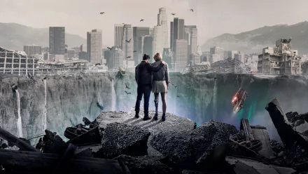 4K Ultra HD La Brea TV show PC wallpaper: two cast members stand on a shattered cliff edge overlooking a collapsed cityscape, helicopters and smoldering wreckage below.