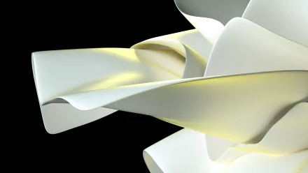 Abstract white and pale yellow flowing shapes form a modern, sleek design against a black background, representing technology and Windows 11 in an HD desktop wallpaper.