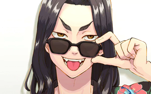 HD PC wallpaper of Keisuke Baji from Tokyo Revengers: close-up anime portrait with long black hair, lowered sunglasses and a mischievous grin, tongue playfully out.