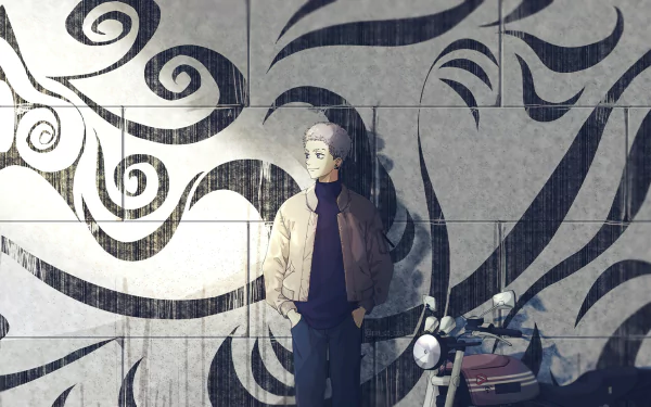 HD anime desktop wallpaper featuring Takashi Mitsuya from Tokyo Revengers standing against a wall with artistic black swirls and a motorcycle nearby.