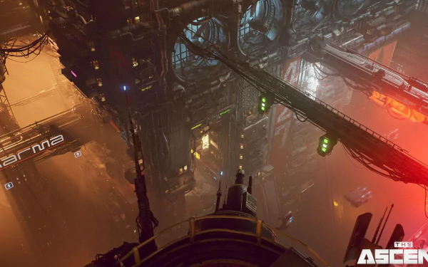 HD desktop wallpaper depicting a scene from 'The Ascent' video game with intricate cyberpunk cityscape architecture and atmospheric lighting.