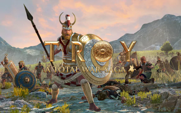HD desktop wallpaper featuring 'A Total War Saga: TROY' with warriors in battle for game background.