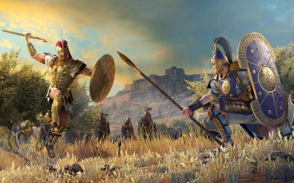 HD desktop wallpaper depicting warriors from A Total War Saga: TROY preparing for battle with ancient Troy in the background.