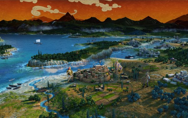 HD wallpaper featuring a scenic landscape from A Total War Saga: TROY game with vibrant seascape and ancient city.