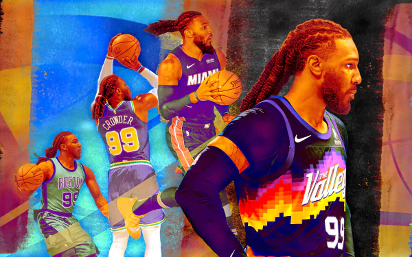 HD desktop wallpaper featuring a collage of basketball player action shots with vibrant artistic backdrop.