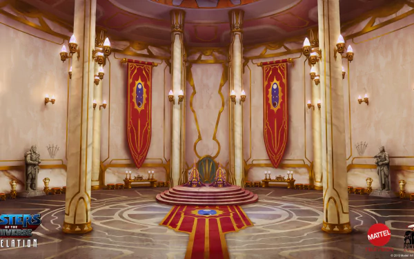 HD wallpaper featuring the majestic throne room from Masters of the Universe: Revelation, with ornate columns, grand banners, and an iconic central throne.