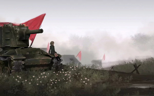 HD PC desktop wallpaper from Girls und Panzer featuring the KV-2 tank and a character sitting on it amidst a misty battlefield with red flags.