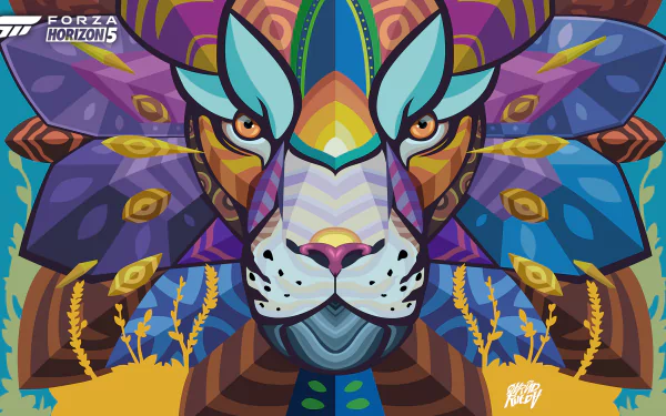 A vibrant Forza Horizon 5 themed HD wallpaper featuring a stylized, colorful lion illustration.