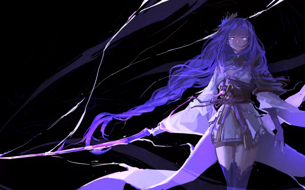 HD desktop wallpaper of Baal Raiden Shogun from the video game Genshin Impact, featuring an electric-themed, dark background.