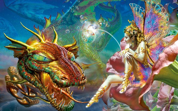 Fantasía Hada Dragón Wings Flor Gold Colorful Fondo de pantalla HD | Fondo de Escritorio