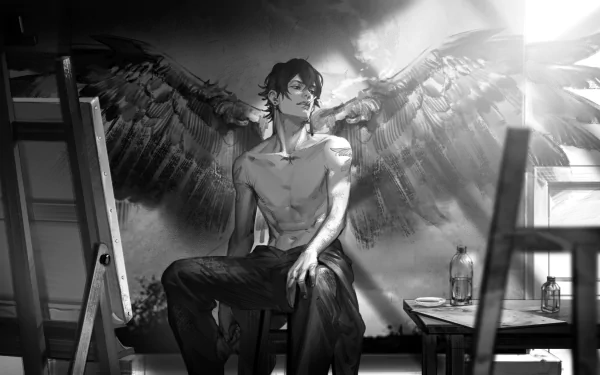 Yakumo Murai from Blue Period with dark angel wings, seated shirtless in a monochrome art studio, depicted in an HD anime desktop wallpaper.