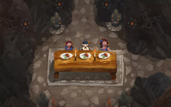 HD desktop wallpaper featuring characters from the game Carto having a meal in a cave with mystical blue flames in the background.